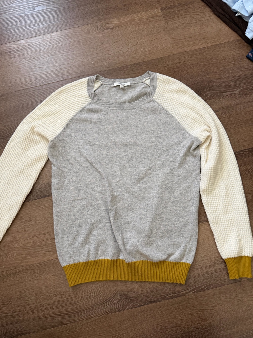 Madewell Gray Crewneck Sweater with Cream Sleeves and Mustard Trim
